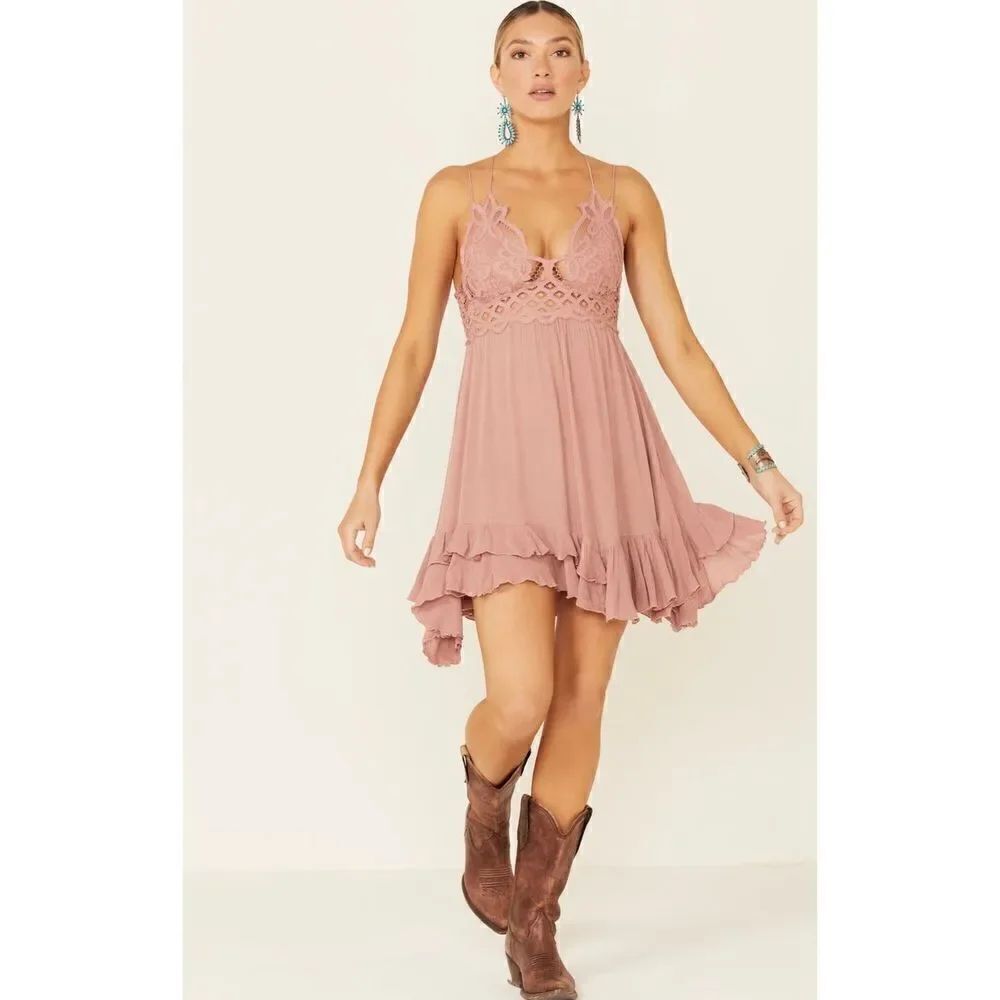 Free People Women's Adella Slip Mini Laced Ruffled Rose Dress Size S NWT